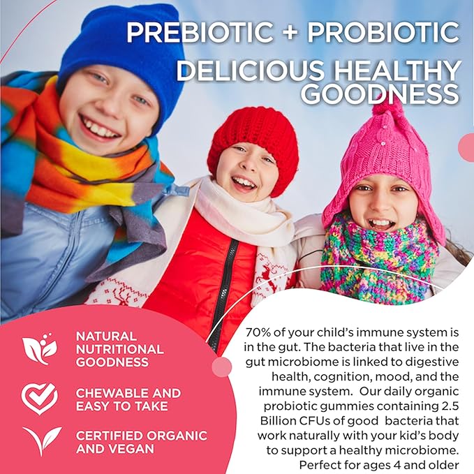 Probiotic Gummies. Organic Kids Probiotic Chewable for Digestive Health & Immunity. Kids Pre & Probiotics Vitamins. No Allergens, Gluten-Free, Non-GMO, Probiotic for Children 60ct (2)