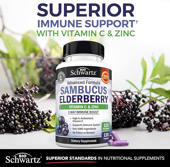 BioSchwartz Elderberry Capsules with Zinc and Vitamin C for Adults - Immune Support Vitamins for Women and Men - Black Sambucus Elderberry Vitamin C and Zinc - Multiminerals Supplement, 120 Count
