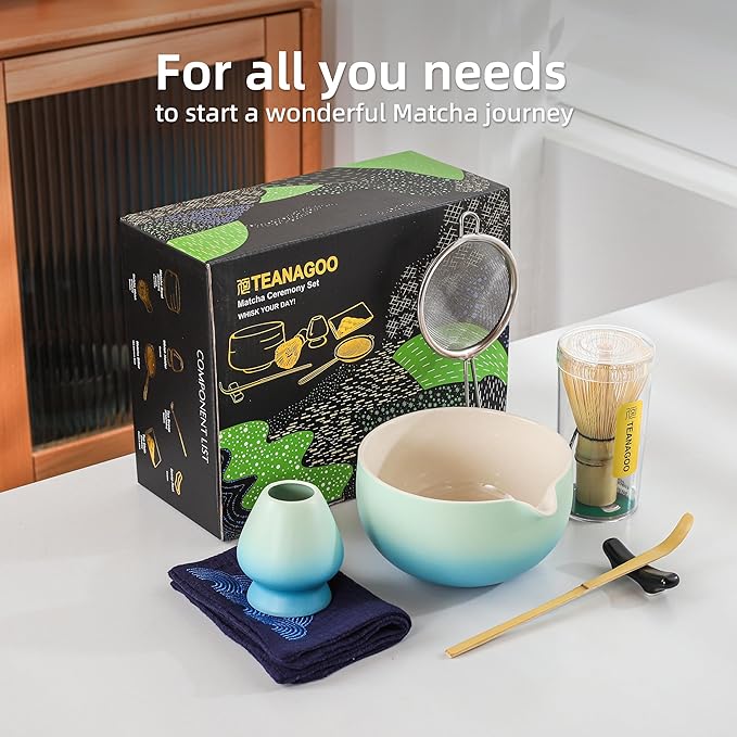 TEANAGOO Matcha Whisk Set Blue,Ceremony Matcha Set,Matcha Kit Grident Blue,Matcha Tea Set for Making Breakfast/Latte,Matcha Whisk Set and Bowl with All Accessories,Gift for Matcha Lover