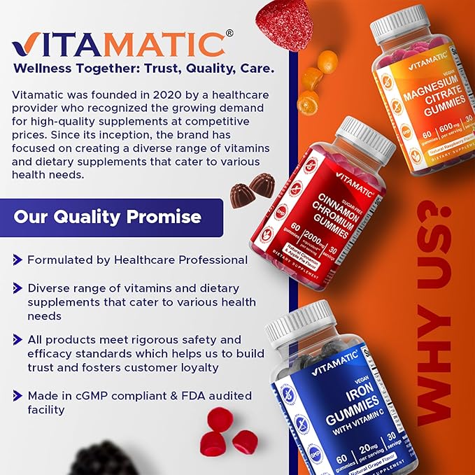Vitamatic BCAA Gummies - Branch Chain Amino Acid Supplements - Peach Flavor - 600mg per Serving - 60 Vegan Pectin Based Gummies (2 Bottles)