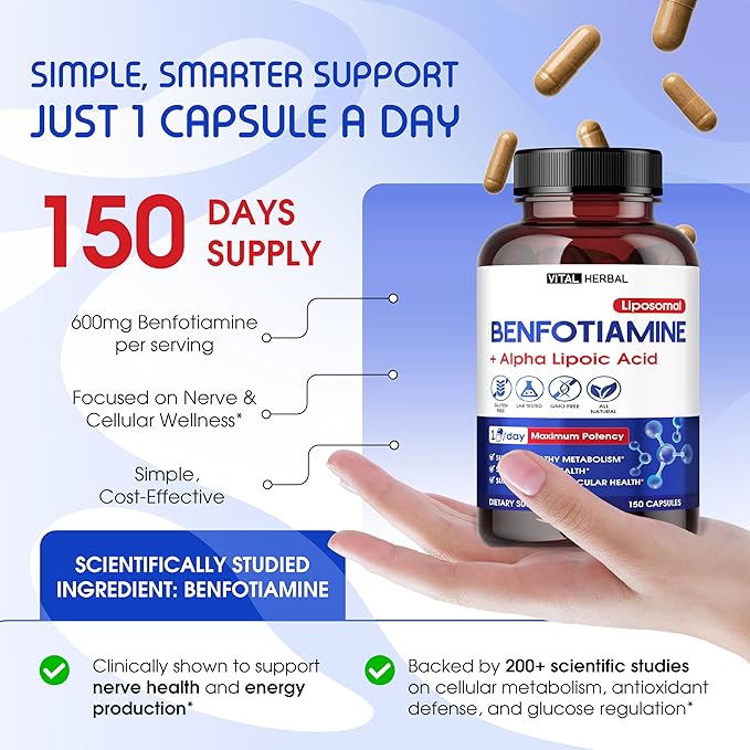 VITAL HERBAL Liposomal Benfotiamine with Alpha Lipoic Acid - Maximum Potency- Support Healthy Metabolism - Made in The USA
