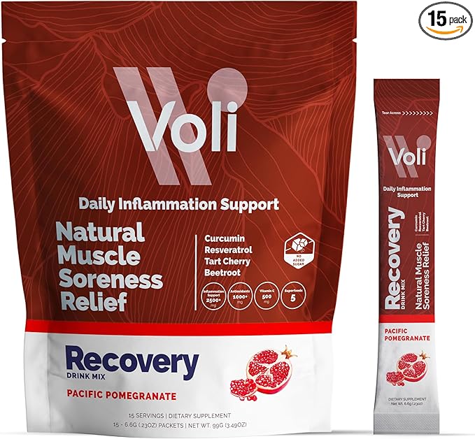 Voli Recovery - Post Workout Superfood Powder | Plant-Based Drink Mix Packets with Curcumin, Ginger & Vitamin C for Muscle Recovery & Immune Support, Inflammation & Leg Cramps Support, Vegan, 15 Count