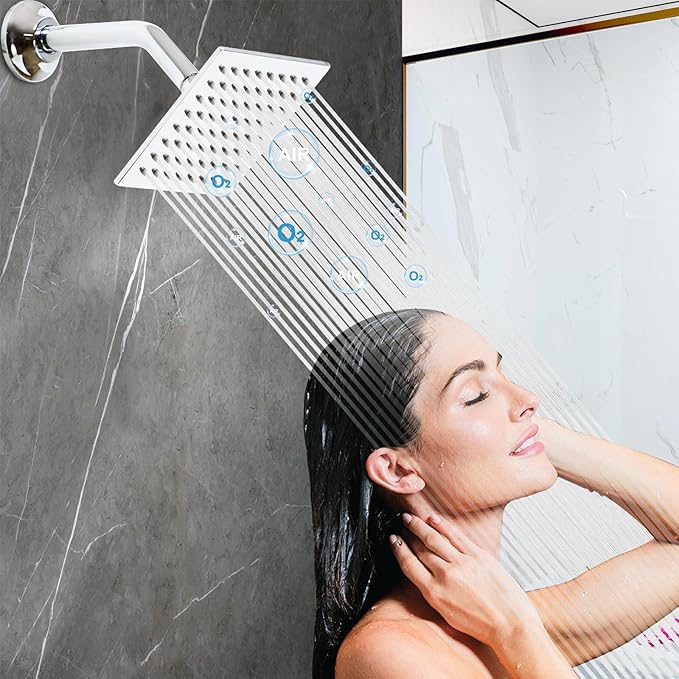 6 Inch Square Shower Head Stainless Steel High Pressure Rain Shower Heads with Extension Arm Adjustable Angle Replacement Luxury Shower Head for Modern Bathroom (Square, Chrome)