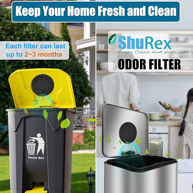 12-Pack Universal Stick-on Trash Can Odor Absorbing Filters, Thick Design Activated Charcoal Purifying Deodorizer for Trash Cans, Compost Buckets, Countertop and Recycle Bins (Round)