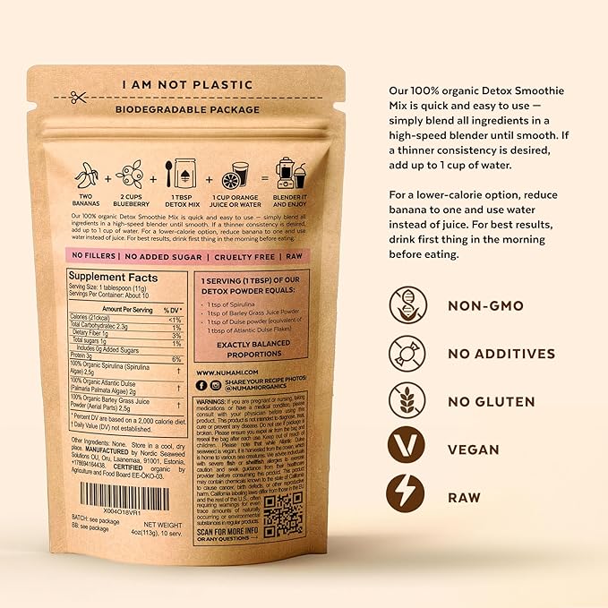 Numami Organic Detox Smoothie Mix with Healthy Spirulina, Atlantic Dulse and Barley Grass Juice Powder