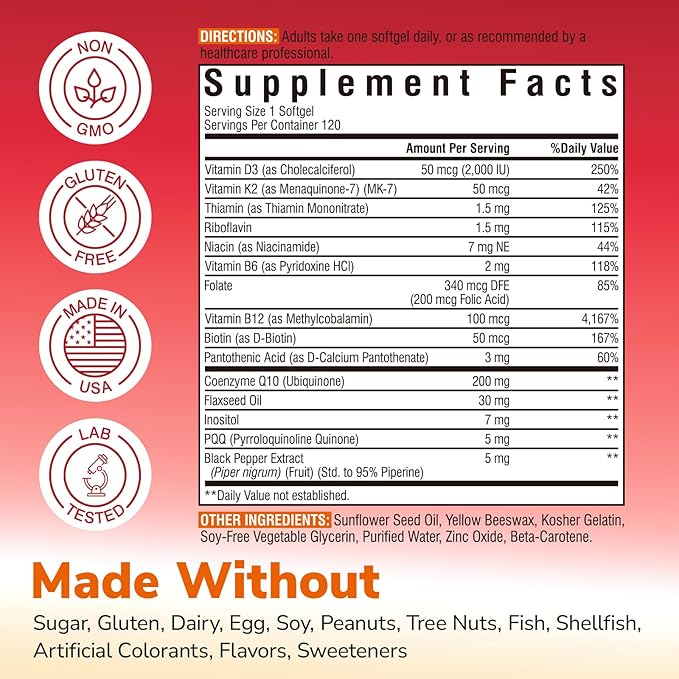 CoQ10 200mg, Ubiquinone with PQQ, Folate, Niacin, K2, D3, Black Pepper, High Absorption, Powerful Antioxidant, Heart Health, Energy Booster, Immunity, 120 Easy to Swallow Softgels