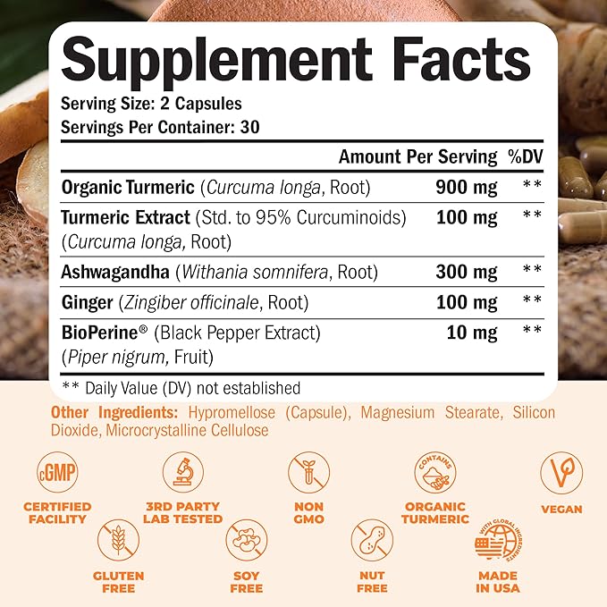 Turmeric Curcumin Ashwagandha Supplements - Turmeric Supplement & Curcumin with Black Pepper (95% Curcuminoids), Organic Tumeric and Ginger for Max Joint Support, Healthy Energy & Mood. 60 Capsules