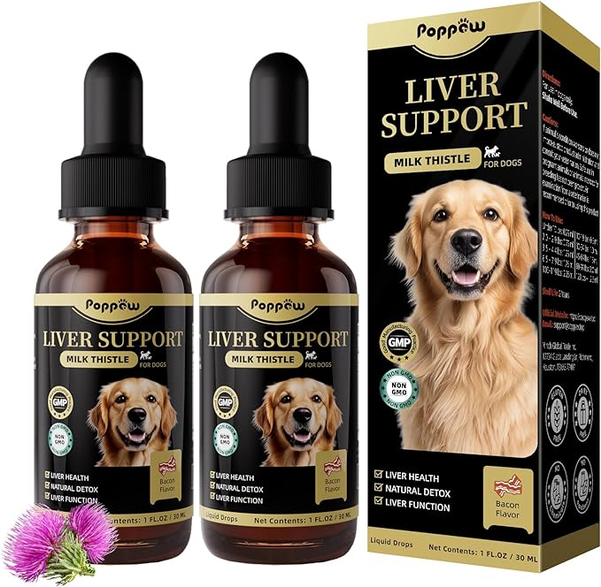 (2 Pack) Poppaw Milk Thistle for Dogs, 9-in-1 Liver & Kidney Support Drops with Artichoke, Resveratrol, Marigold Extract, Natural Detox Herbal Supplement for Liver Function, Bacon Flavor, 2 Oz