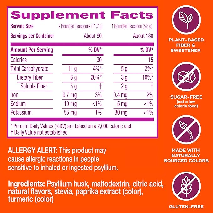 Metamucil Premium Blend, 4-in-1 Fiber Supplement for Digestive Health, Psyllium Husk Powder, Sugar-Free with Stevia, Plant-Based Fiber Supplement, Orange Flavored, 180 teaspoons