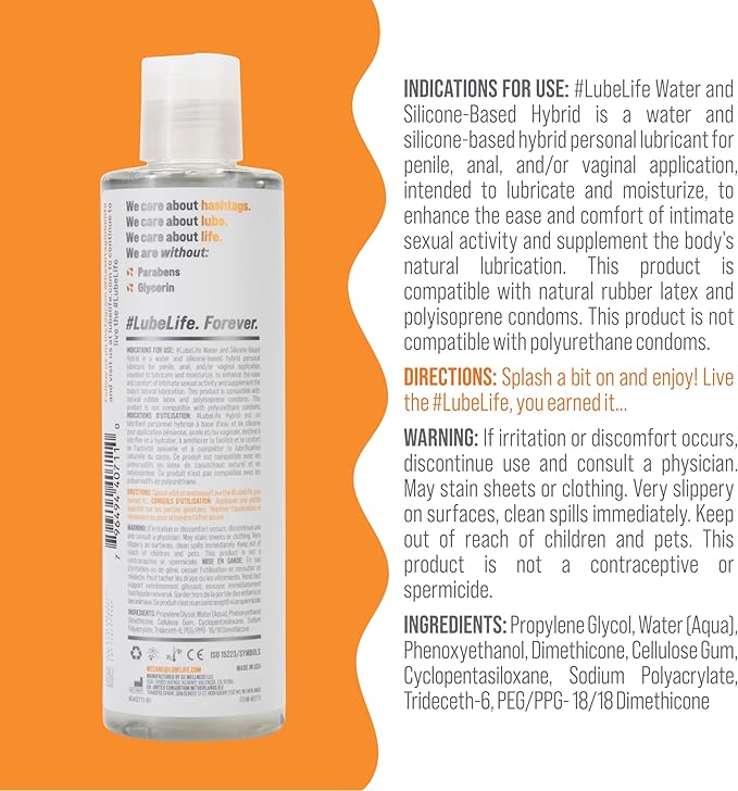 LubeLife Hybrid Lube – Silicone & Water Based Personal Lubricant for Men, Women & Couples – Long Lasting, Non-Sticky, Toy & Condom Compatible, 8 Fl Oz