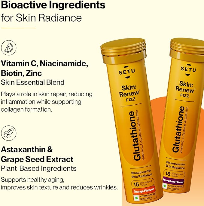 SETU Glutathione Effervescent Tablets with 500mg L-Glutathione & Vitamin C | Sugar-Free Antioxidant Supplement | Mixed Berry & Orange (Pack of 4)