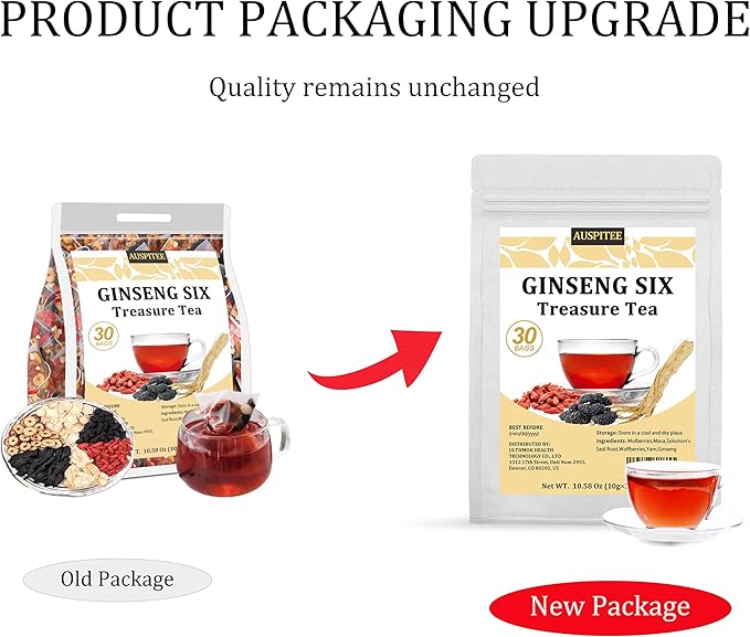 Ginseng Six Treasures Tea Kidney Detox,30Bags/10.58Oz,Traditional Chinese Tea,Natural Kidney Cleanse Herbal Tea for Men Women,6 Precious Ingredients Formula