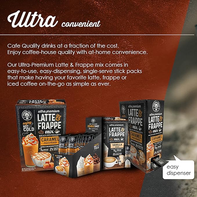 The Frozen Bean - Hazelnut Frappe & Latte Instant Mix with Arabica Coffee, Double Caffiene, Low Sugar - for Hot, Iced, or Frappuccino-Style Blended Drinks - (20) 0.53oz Single Serve Sticks