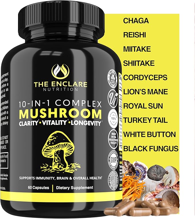 THE ENCLARE NUTRITION Mushroom Supplement - 10in1 Complex Immune Support, Energy, Nootropic Brain, Immunity Booster Lions Mane,Reishi,Turkey Tail,Cordyceps,Chaga,Maitake,Shiitake,Agaricus(3)