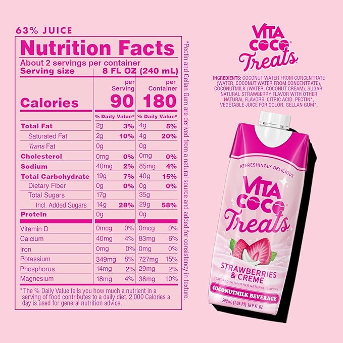 Vita Coco Treats Strawberries & Creme Coconut Milk Drink | Sweet, Refreshing, Treat | Cremey Pink Drink Alternative | 16.9 fl oz (Pack of 12)