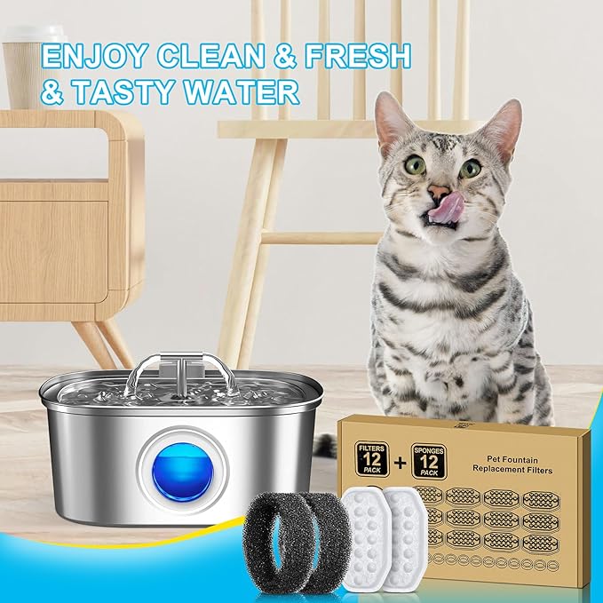 24 Pcs Cat Water Fountain Filters Replacement & Pre-Filter Sponges for 108oz/3.2 Stainless Steel Pet Water Fountain with Water Level Window