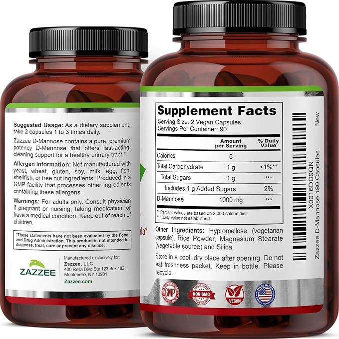 Zazzee D-Mannose, 1000 mg per Serving, 180 Vegan Capsules, 3 Month Supply, Potent & Fast-Acting, Certified Kosher, 100% Pure, All-Natural Urinary Tract Health UTI Support, 100% Vegetarian, Non-GMO