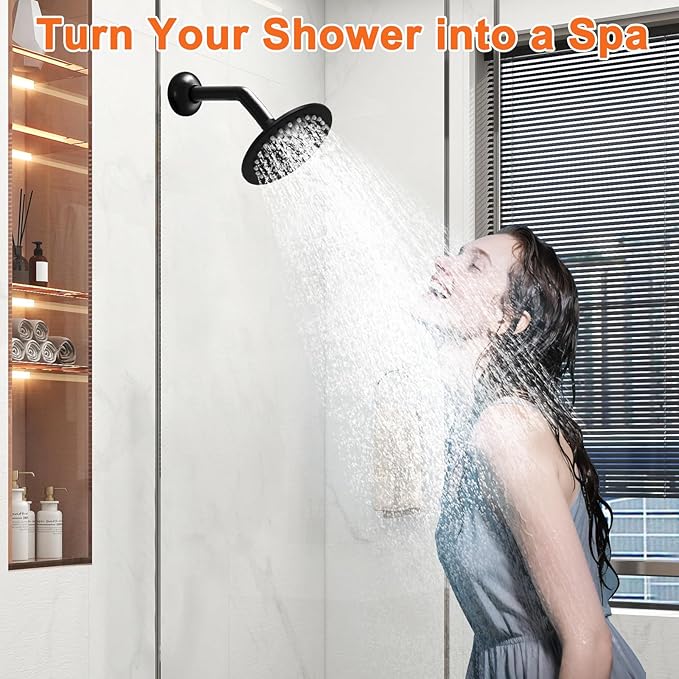 6 Inch Round Rainfall Shower Head with Stainless Steel Arm High Pressure Water Saving Anti-Clog Nozzles Easy Install for Bathroom/Bathtub (Round, Black)