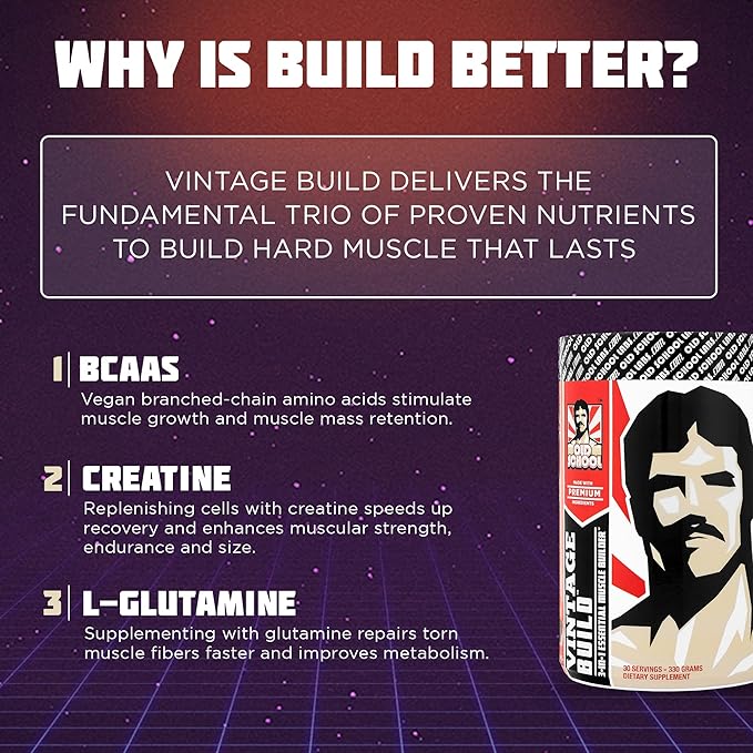Vintage Build β Post Workout Recovery & Muscle Building Powder Drink for Muscular Strength & Growth - Reduces Soreness β Creatine Monohydrate, BCAAs, L-Glutamine β Juicy Watermelon Flavor β 388g