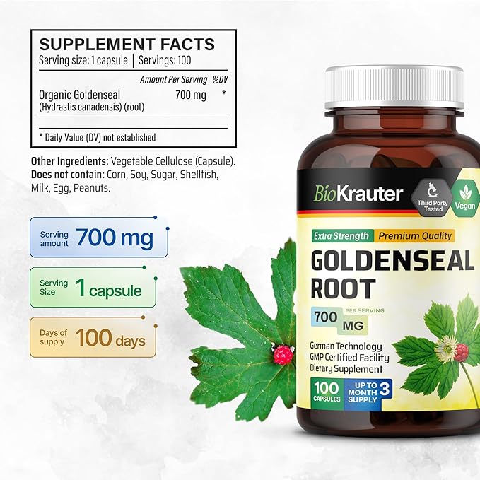 BIO KRAUTER Goldenseal Root Capsule 700 mg - 100 Golden Seal Powder Caps - Respiratory & Digestive Support - Vegan, No Fillers