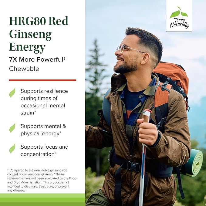 Terry Naturally HRG80 Red Ginseng Energy - Support Healthy Energy & Focus - Herbal Supplement with Korean Red Ginseng Root Powder - Tablets to Aid Healthy Endurance - 30 Chewable Tablets (Pack of 2)
