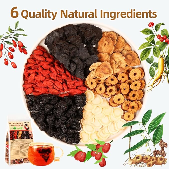 Ginseng Five Treasures Tea - 6 Precious Herbs Kidney Cleanse & Detox Tea, Traditional Chinese Organic Herbal Blend with Ginseng, Goji, Red Date for Men & Women (40 Bags)