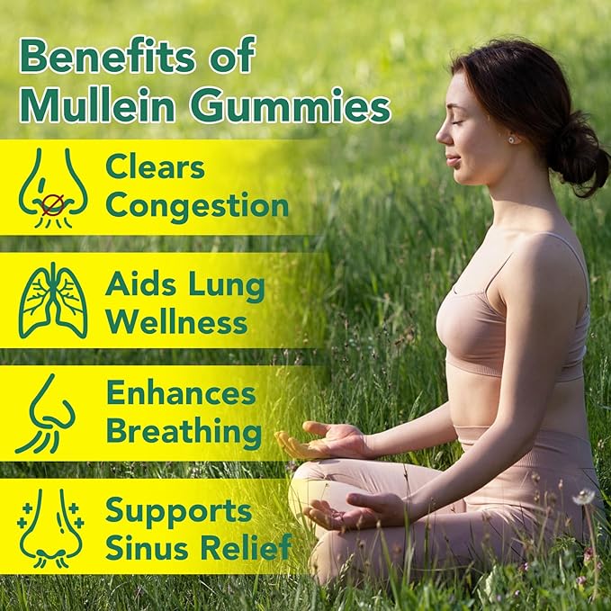 Mullein Gummies for Lung Detox, Mullein Herbal Supplement, 2000mg Mullein Leaf Extract for Respiratory & Digestive & Immune Support - 60 Gummies