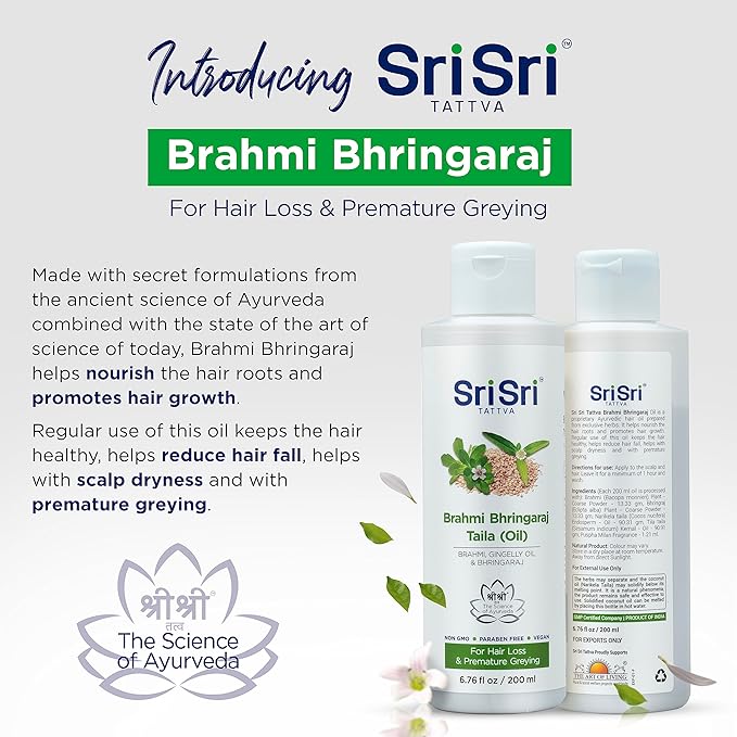 SRI SRI TATTVA Brahmi Bhringraj Hair Oil – Herbal Indian Coconut Scalp Treatment for Smooth, Healthy Hair Care – Ayurvedic Conditioning Mask with Natural Ingredients (6.76 fl oz)
