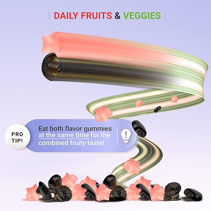 (120 Chews) Fruits and Veggies Supplement - Super Greens Gummies (9 Superfruits & 30 Veggies) Mushrooms, Fruit and Vegetable Vitamins, Non-GMO, Pectin-Based, Gluten-Free, No Capsules