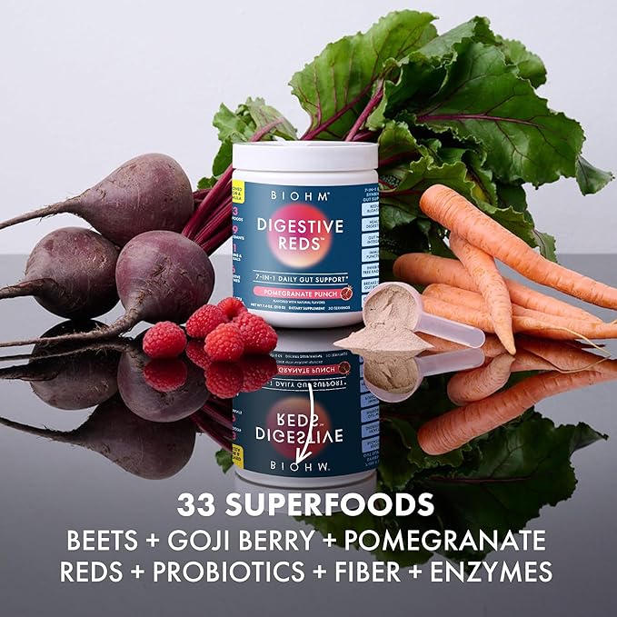 BIOHM Digestive Reds, Superfood Powder (7.4 Oz, 30 Servings) Antioxidants, Vitamins, Probiotics, Digestive Health for Women and Men with Enzymes, Beets, Goji, Pomegrante, Red Berry Flavor