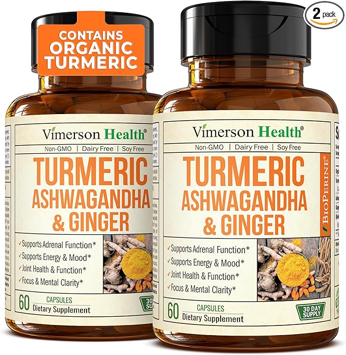 Turmeric Curcumin Ashwagandha Supplements - Turmeric Supplement & Curcumin with Black Pepper (95% Curcuminoids), Organic Tumeric and Ginger for Max Joint Support, Healthy Energy & Mood. Vegan. 2 Pack