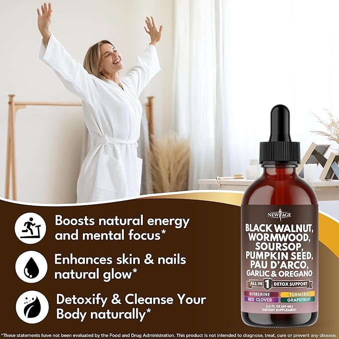 Black Walnut Wormwood Cleanse Drops - Liquid Soursop, Garlic, Pumpkin Seed, PAU D'Arco, Oil of Oregano, Turmeric, Berberine, Neem Extract, Hull Bark, Tincture - 8oz