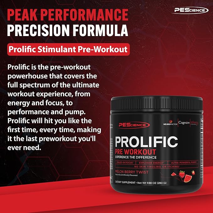 PEScience Prolific Pre Workout Powder for Men & Women with L-Citrulline, Nitric Oxide Booster, Energy Powder & Nootropic for Focus – Preworkout Without Beta Alanine – 40 Scoops, Melon Berry Twist