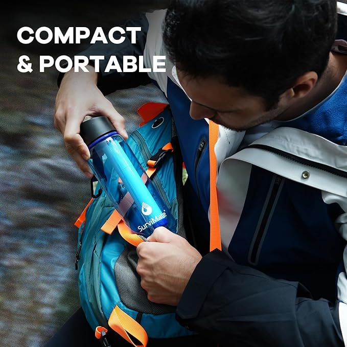 Survimate 5-Stage 0.01μm Ultra-Filtration Filtered Water Bottle, BPA-Free Material, NSF/ANSI 42&372 Certified, Portable Water Filter Bottle for Survival, Camping, Hiking, and Emergency Use