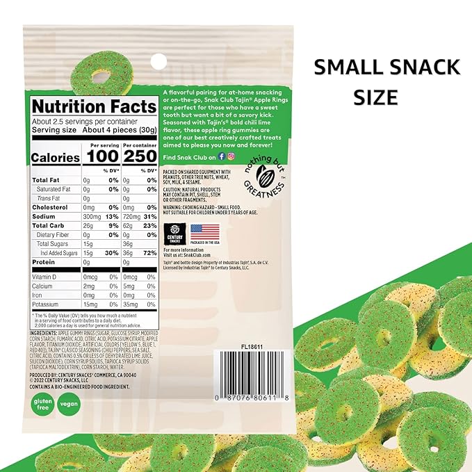 Snak Club Tajin Watermelon Rings, Chili & Lime Sweet Spicy Gummy Snacks, Mild in Heat Bold in Flavor, Gluten-Free Snack, 11oz Resealable Bag (Pack of 6)