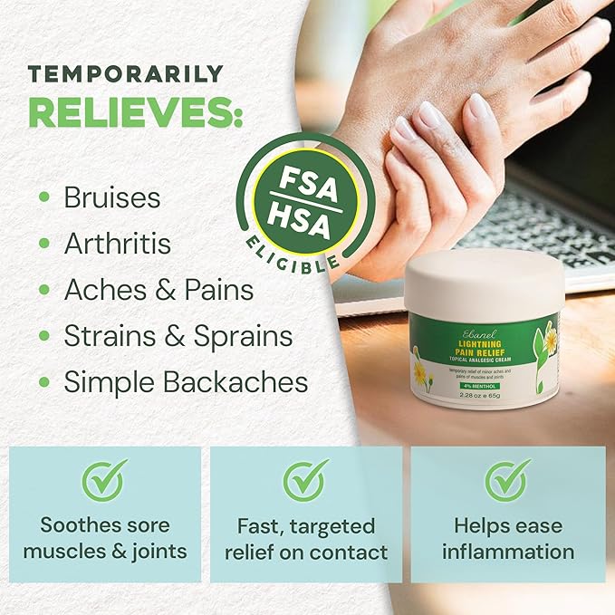 Ebanel Pain Relief Cream for Arthritis, Back, Joint, Foot, Neck, Strains & Sprains with Menthol, Camphor, Arnica, Emu Oil, MSM, Boswellia, Soothing Muscle Pain Relief Cream