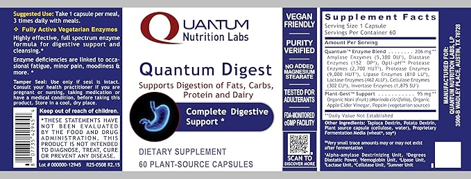 Quantum Nutrition Labs Quantum Digest - Digestive Health Enzymes for Women and Men, Digestion Support for Gut Health, Fully Active Vegan Enzyme Pills - 60 Vegetarian Capsules