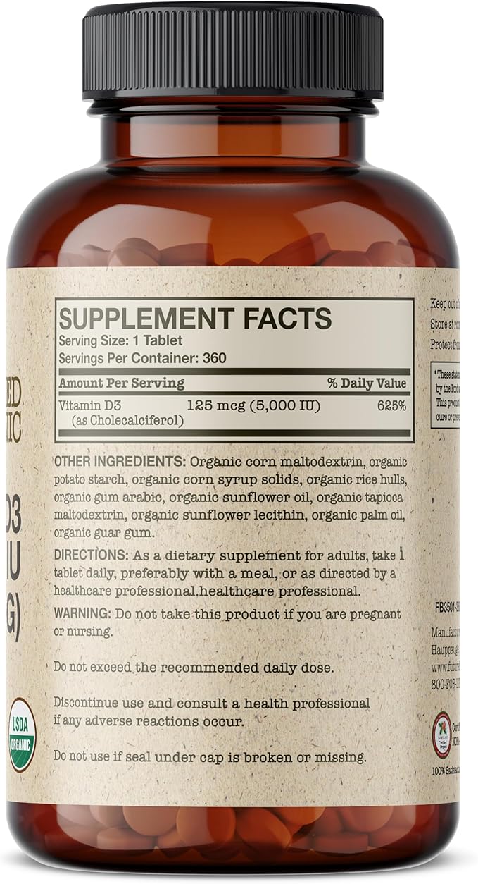 Futurebiotics Vitamin D3 5,000 IU (125 MCG), USDA Certified Organic Vitamin D Supplement, 360 Tablets