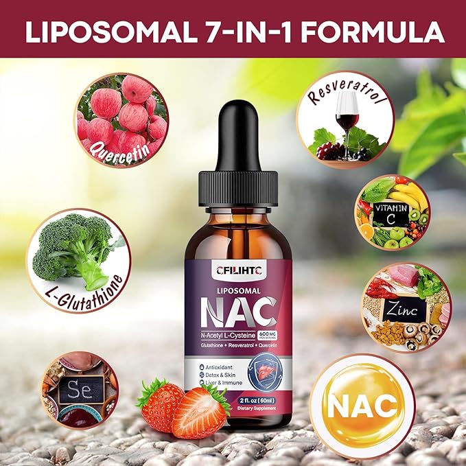 Liposomal Liquid NAC Supplement N-Acetyl Cysteine Drops, N Acetyl Cysteine 600mg with Glutathione, Resveratrol & Zinc for Adults & Kids Liver Lung Antioxidant Immune & Skin Health, Strawberry 2 Fl Oz