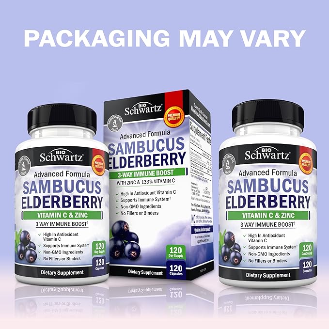 BioSchwartz Elderberry Capsules with Zinc and Vitamin C for Adults - Immune Support Vitamins for Women and Men - Black Sambucus Elderberry Vitamin C and Zinc - Multiminerals Supplement, 120 Count