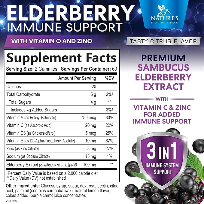 Sambucus Elderberry Immune Support Gummies for Kids & Adults, Elderberry Extract Gummy with Vitamins with Vitamin C, D3, Zinc, Immune Health Support Gummy Supplement, Black Elder Berry - 120 Gummies