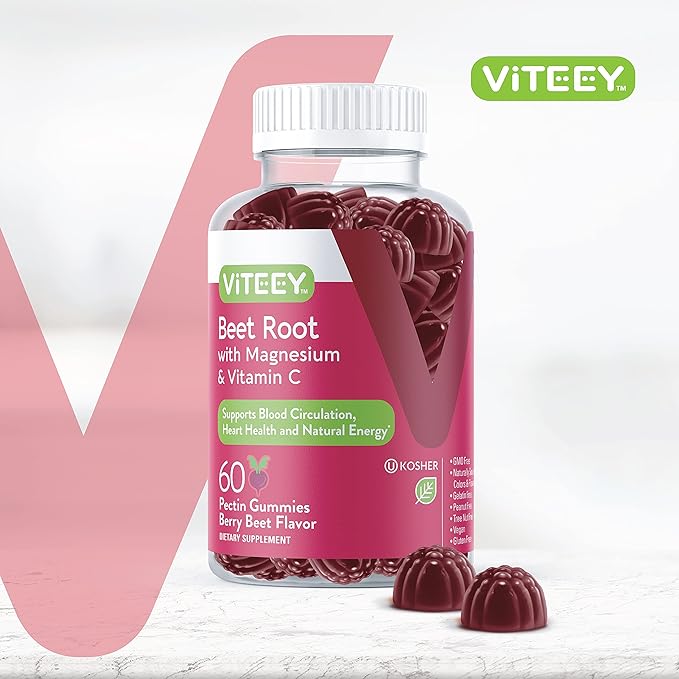 Viteey Beet Root Gummies with Magnesium & Vitamin C - Beetroot Supplement for Heart Health, Blood Pressure Support - Vegan, Gluten-Free - 60 Count