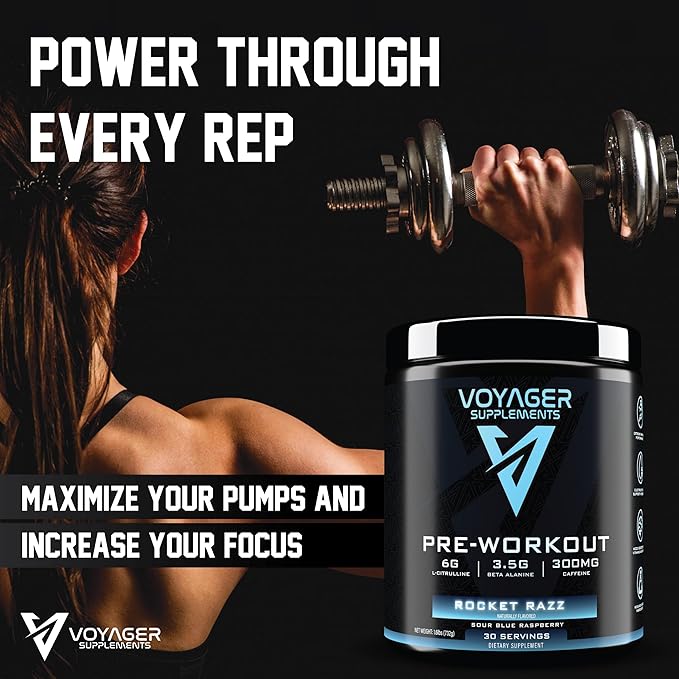 Voyager Pre-Workout Rocket Razz – Creatine-Free Powder w/L-Citrulline, Beta-Alanine, Caffeine – Supports Energy, Endurance & Focus – 30 Servings – No Artificial Fillers – GMP Certified