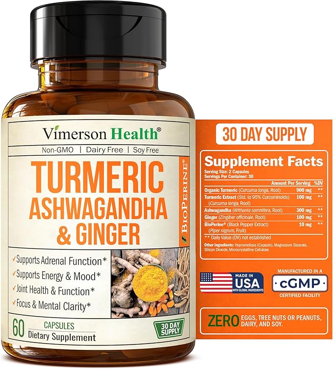 Turmeric Curcumin Ashwagandha Supplements - Turmeric Supplement & Curcumin with Black Pepper (95% Curcuminoids), Organic Tumeric and Ginger for Max Joint Support, Healthy Energy & Mood. 60 Capsules