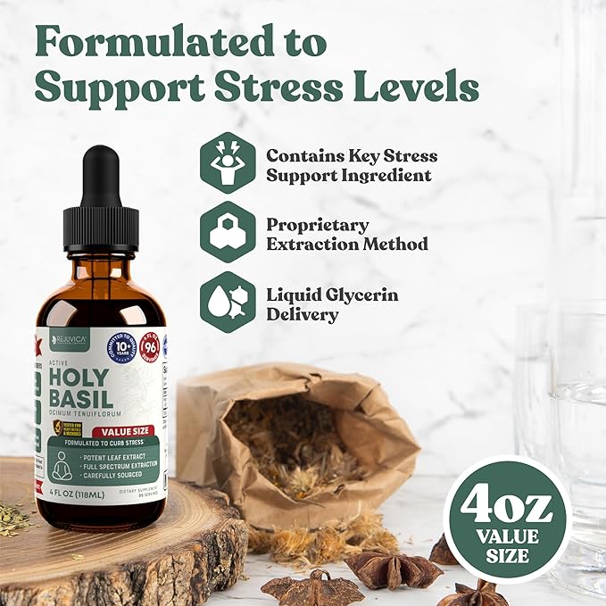 Rejuvica Health Active Holy Basil 4oz XL Super Size - Advanced Stress Support Supplement Drops - Holy Basil Leaves Liquid Extract - Vegan Sugar Free Non GMO Tincture