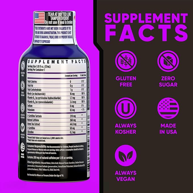 Vitamin Energy Immune+ Extra Strength Energy Shot Grape 48 Pack, 260mg Natural Caffeine, B-Vitamins, Citicoline, Green Tea, Immunity & Focus Support, Zero Sugar, Gluten-Free 1.93 fl oz