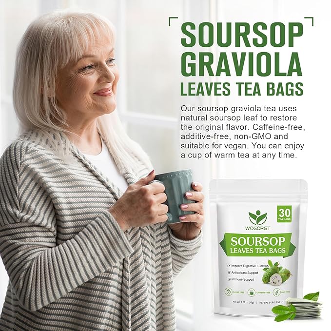 WOGORGT Organic Soursop Leaves Tea Bags - Soursop Graviola Leaves Herbal Tea bags for Immune Support, Antioxidant - Guanabana Leaves - Caffeine Free - 30 Tea Bags