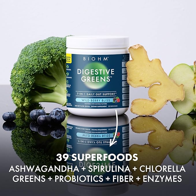 BIOHM Digestive Greens, Green Superfood Powder (7.4 Oz, 30 Servings) Immune & Gut Health Support with Antioxidants, Vitamins, Probiotics & Enzymes, Good Source of Fiber, Berry Flavor