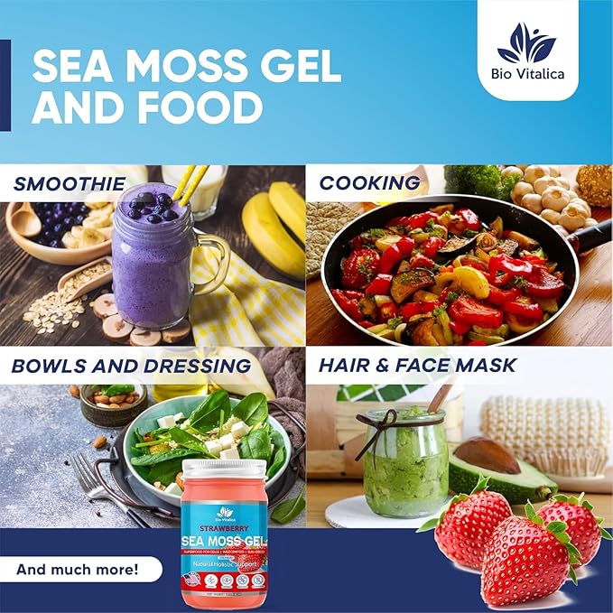 Sea Moss Gel by BioVitalica - Irish sea Moss raw Organic - Premium Quality - Dr Sebi, Vegan superfood for Cells - 100% Natural seamoss Gel - (Pack of 2, Strawberry)