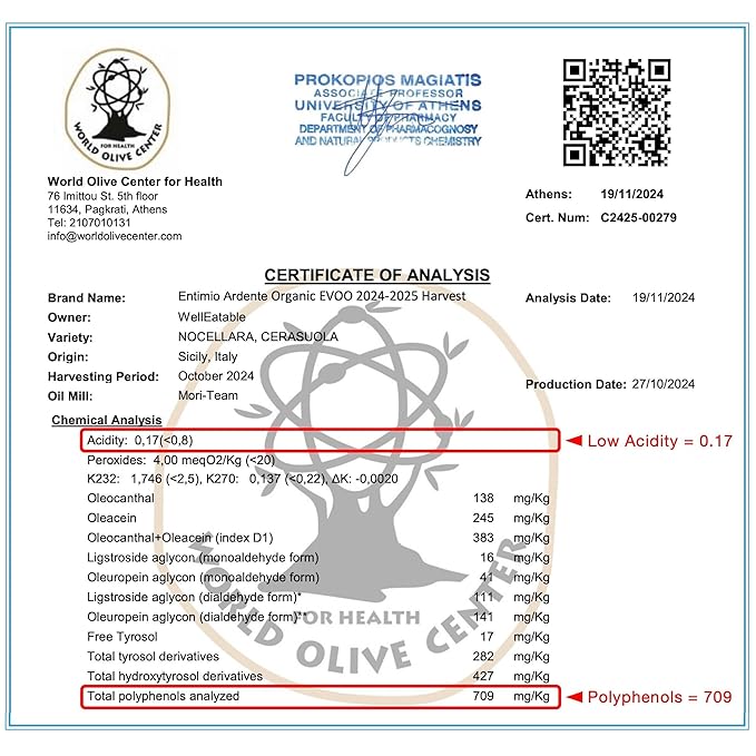 Entimio Ardente +600 mg/kg Polyphenol Rich Organic Extra Virgin Olive Oil, New 2024-2025 Early Harvest Italian Olive Oil from Sicily, Italy, 2025 Gold Winner, Cold Extracted, Lab Tested - 8.5 fl oz